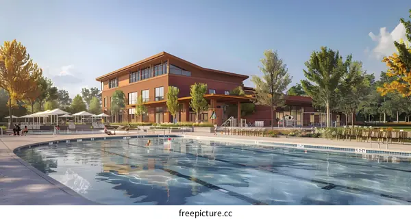 An illustration of a modern suburban house with a pool