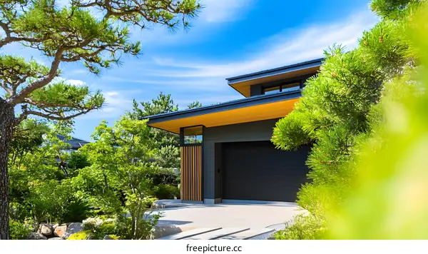 Modern House with a Green Garden and Blue Sky