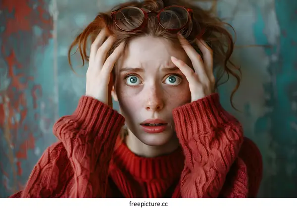 Young Woman With Red Hair Holding Her Head In Distress