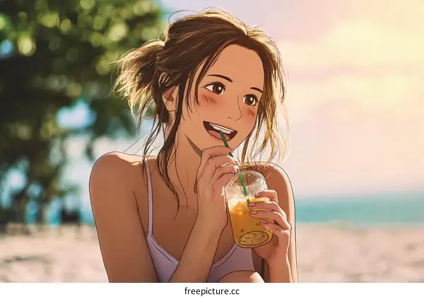 Woman Enjoying a Drink on the Beach Illustration