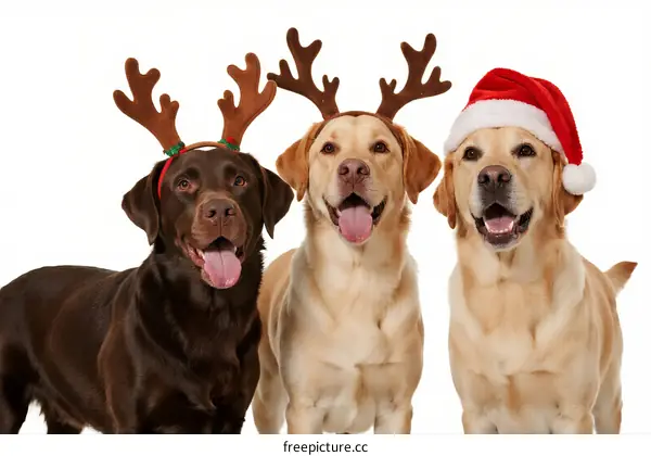 Three dogs wearing reindeer antlers and Santa hat for Christmas