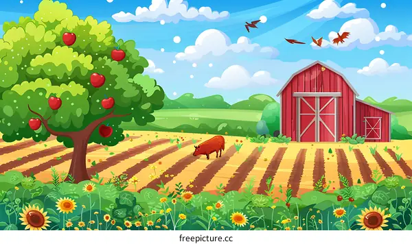 Farm Illustration with Red Barn, Apple Tree, and Cow