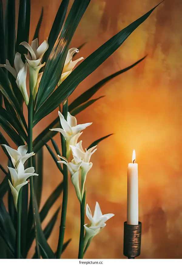 White Flowers and a Candle in a Warm Ambiance