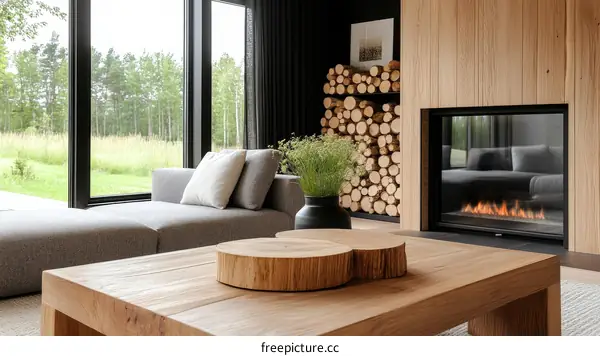 Modern Rustic Living Room with Fireplace and Large Windows