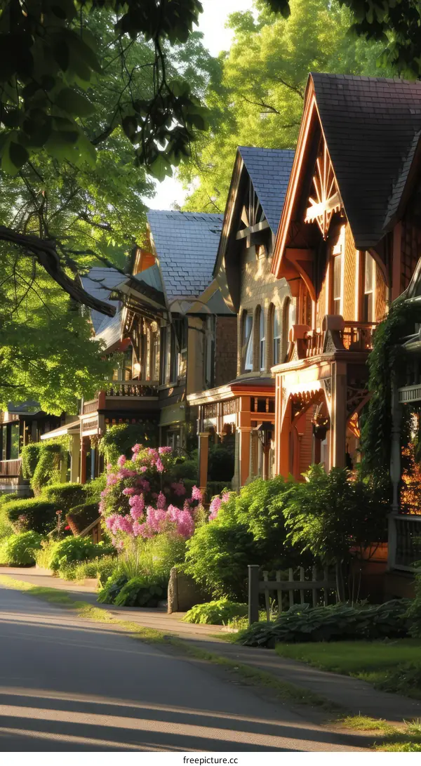 Colorful Victorian style homes with lush green landscaping