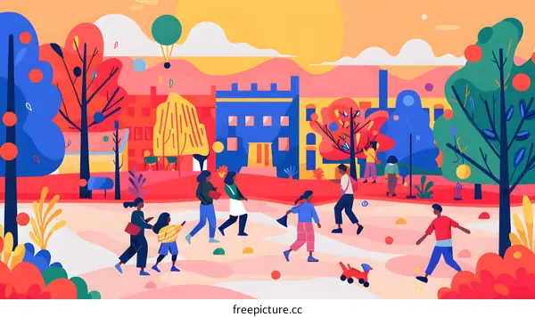 Colorful Illustration of People Walking in a Park