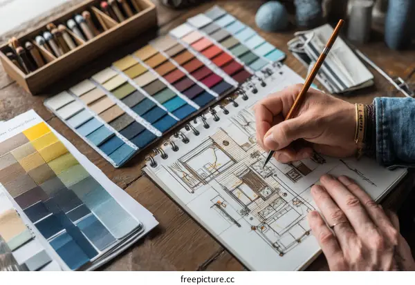 Interior Design Sketching Process with Fabric Samples