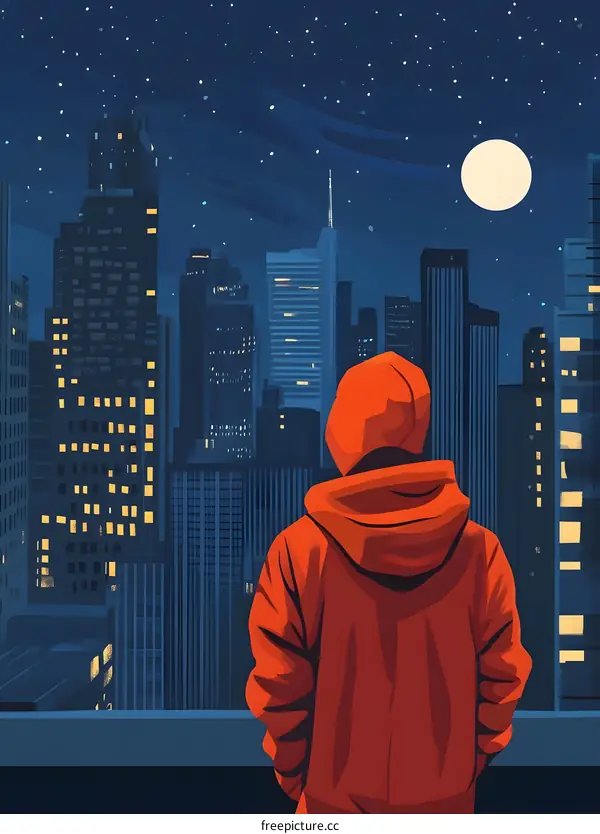 Night View of Cityscape with Man in Red Hoodie