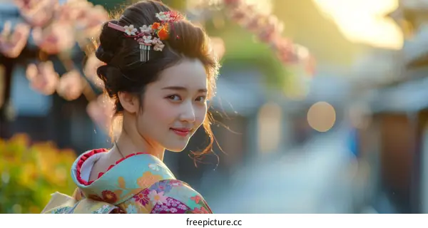 Portrait of a beautiful Japanese woman in traditional kimono