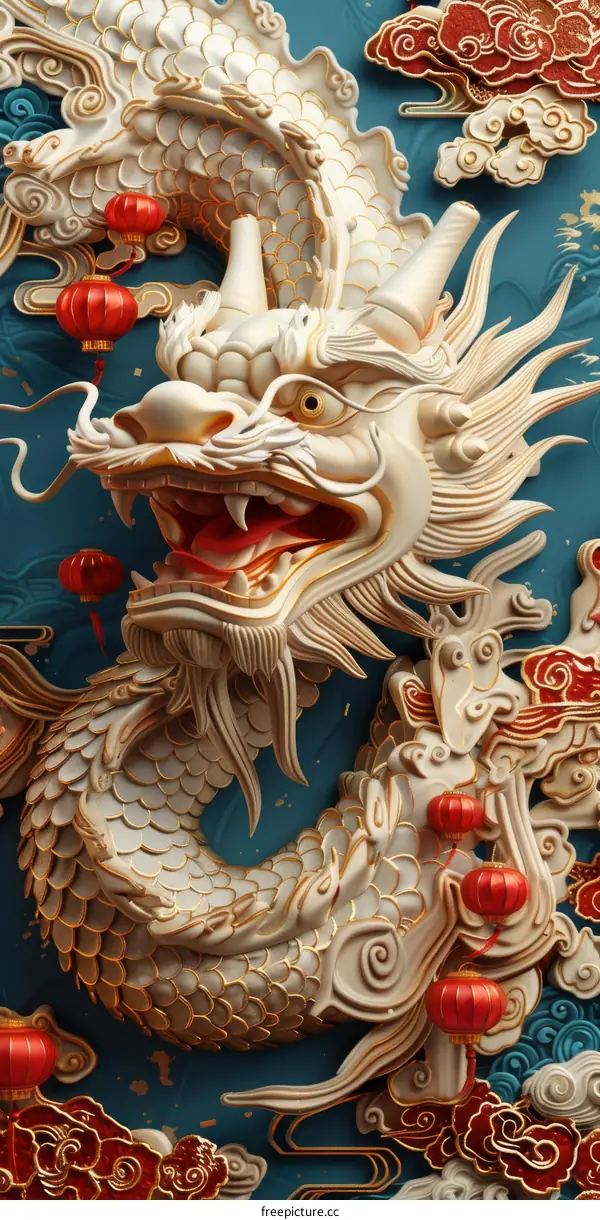 3D Illustration of a Chinese Dragon with Red Lanterns and Clouds