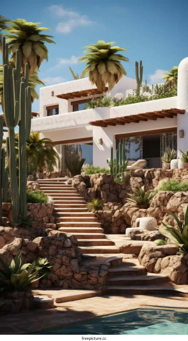 stairs lead up to a house in the desert