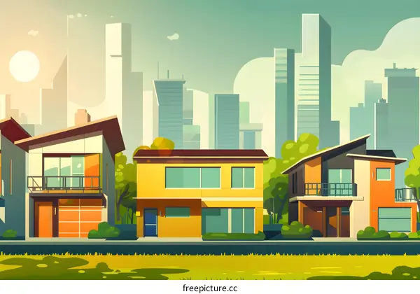Modern Suburban Homes in City Skyline