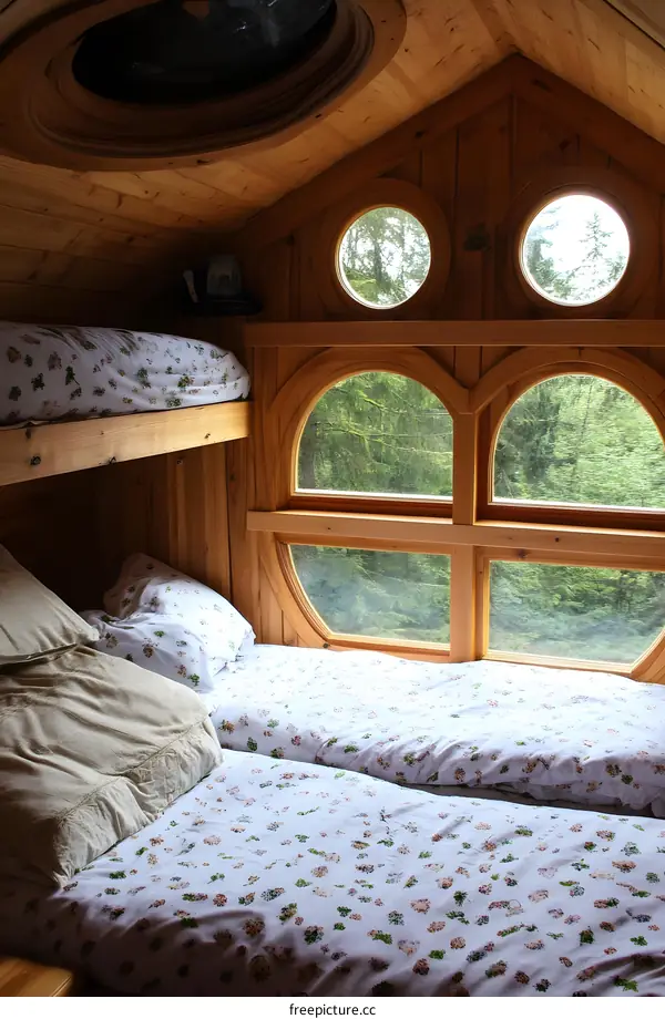 Wooden Cabin with Bunk Beds and Circular Windows