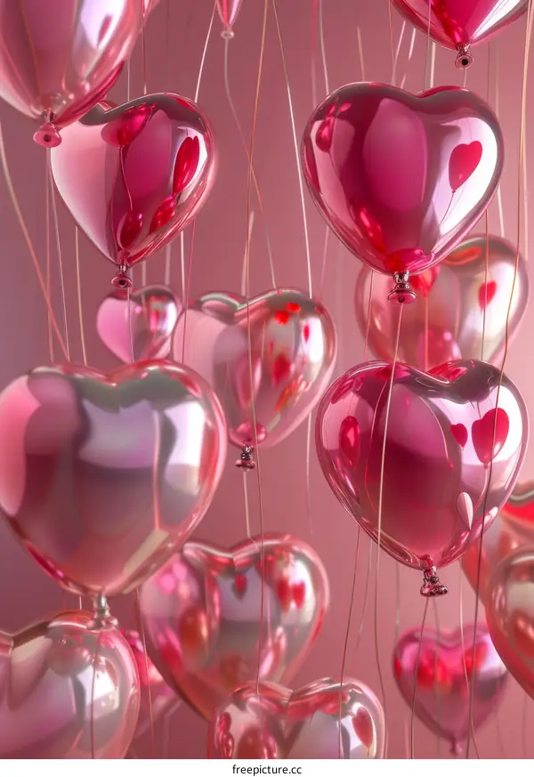 Floating Pink Heart Balloons on Pink Background