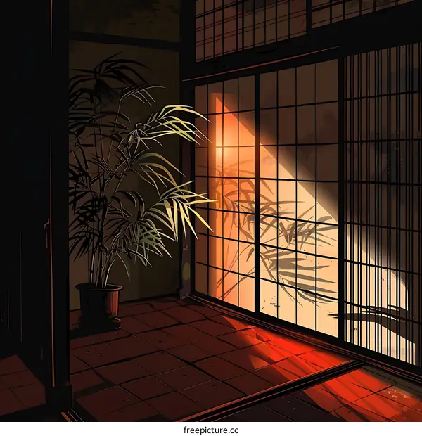 Japanese Style Room with Sunlight Streaming Through Window