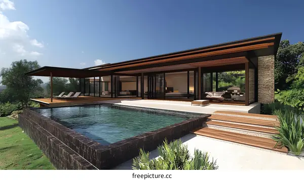 Modern Architecture Design With Swimming Pool And Backyard