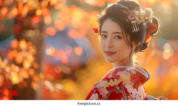 Portrait of a beautiful Japanese woman in traditional kimono