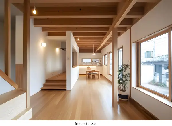 Modern Japanese House Interior Design with Wooden Beams and White Walls