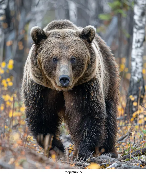 Large male grizzly bear walking through the woods