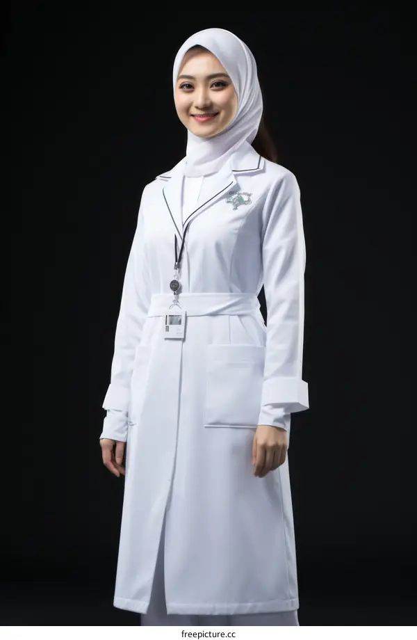 A young female doctor wearing a hijab and a white coat
