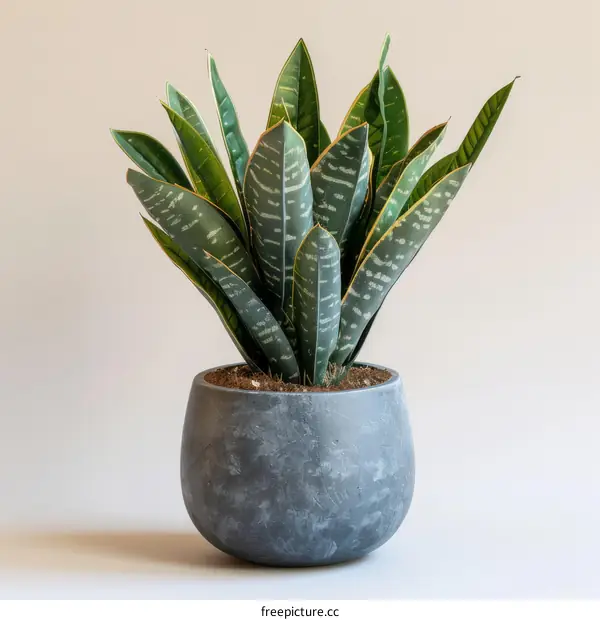 A snake plant in a gray pot