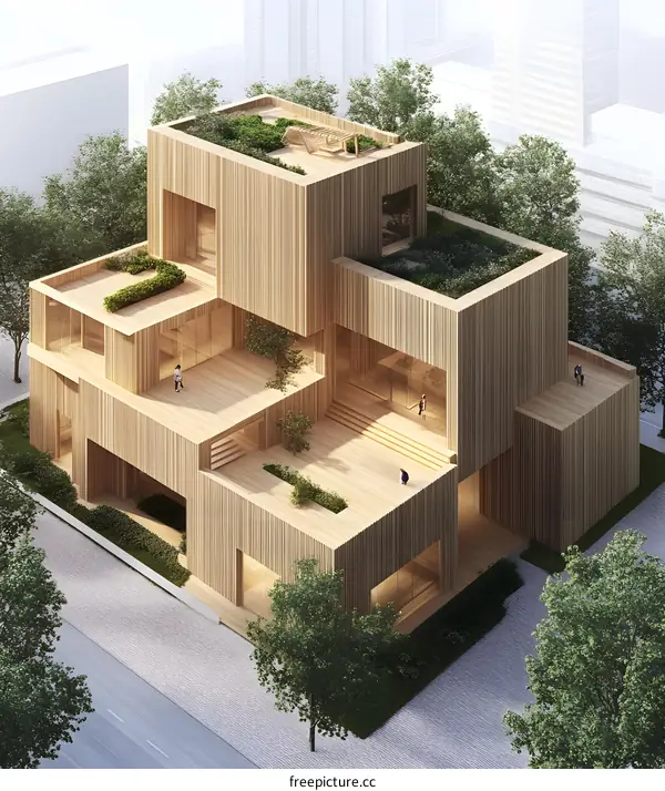 Modern Wooden Building with Green Roof and Outdoor Spaces