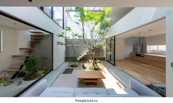 Modern Japanese Home with Interior Courtyard and Skylight