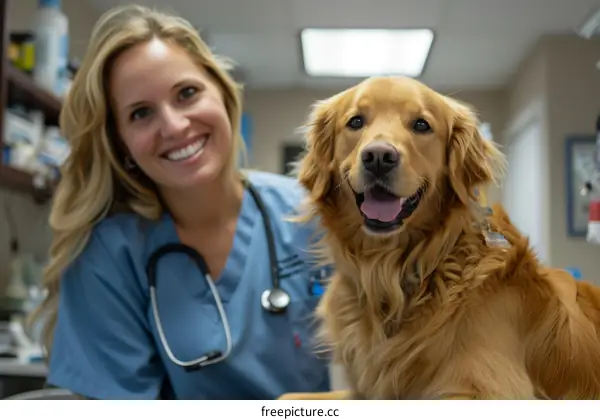 Close-up of a smiling Caucasian female veterinarian with a golden retriever dog
