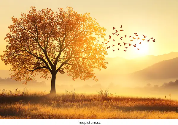 Autumn Tree Landscape with Birds Flying Away