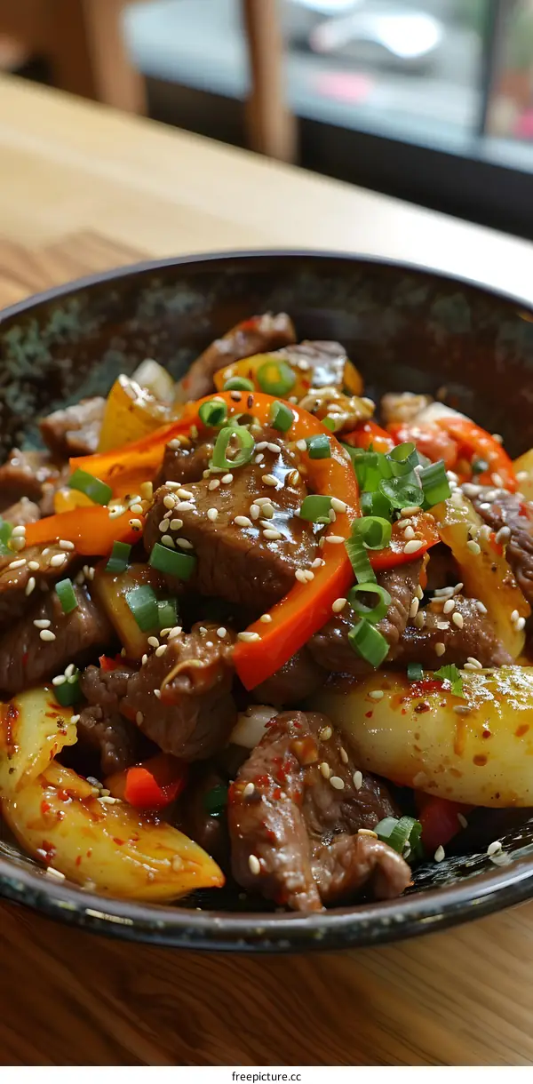 A plate of Korean bulgogi with rice cakes