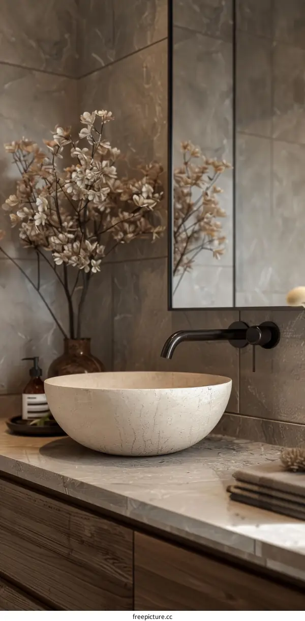 Modern Minimalist Bathroom Sink with Wooden Vessel