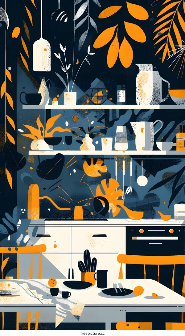 Modern Kitchen Illustration with Plants and a Table Setting