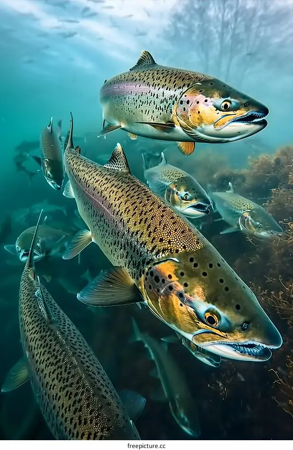 A school of fish swims in the ocean