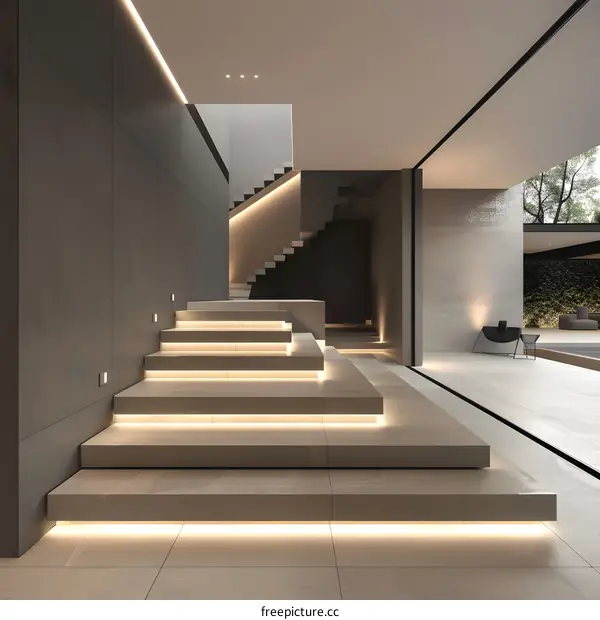 Modern Minimalist Home Interior Design with Staircase and Lighting