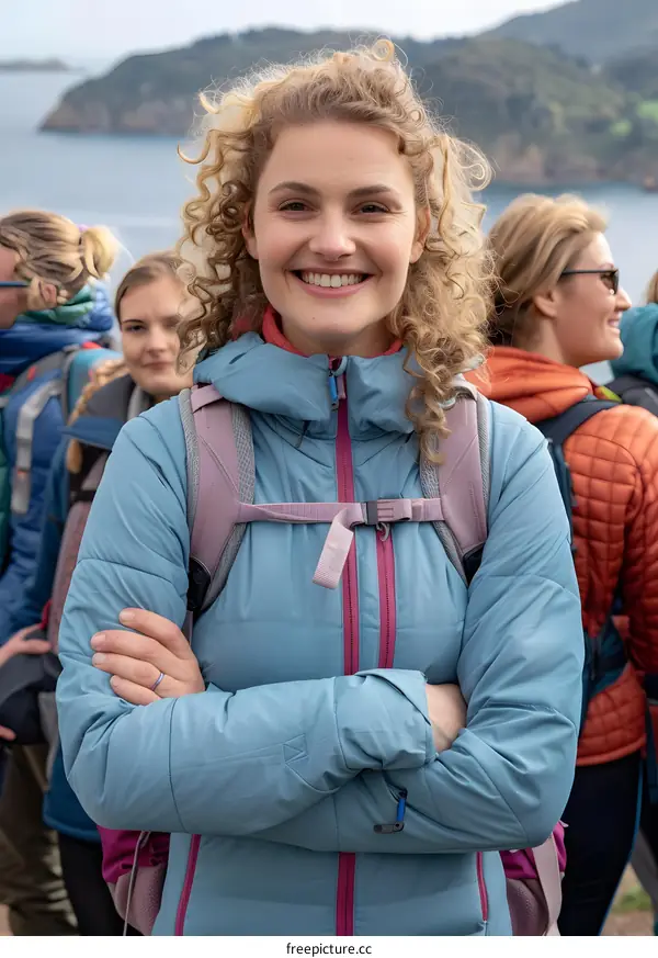 Happy woman with curly hair wearing blue jacket and smiling while hiking in nature