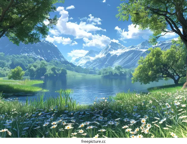 Serene Mountain Lake with Wildflowers