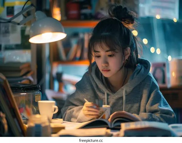 A diligent Asian female student is studying in her room.