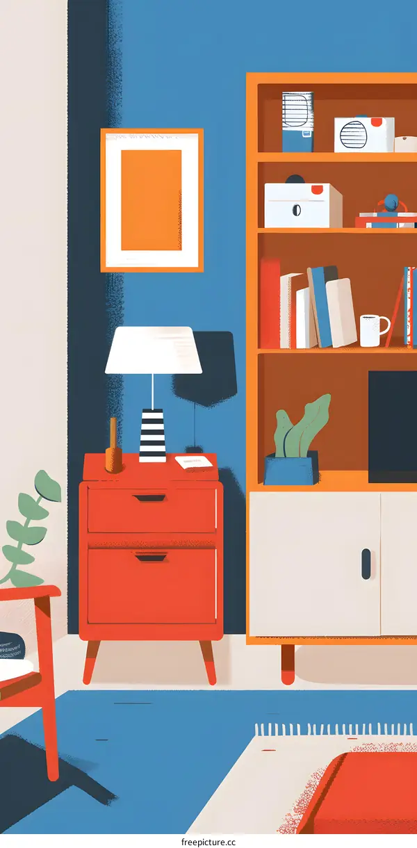 Modern Living Room Illustration with a Red Cabinet and a Bookcase