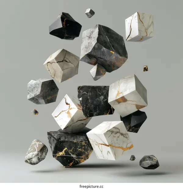 Floating Black and White Marble Cubes with Golden Veins