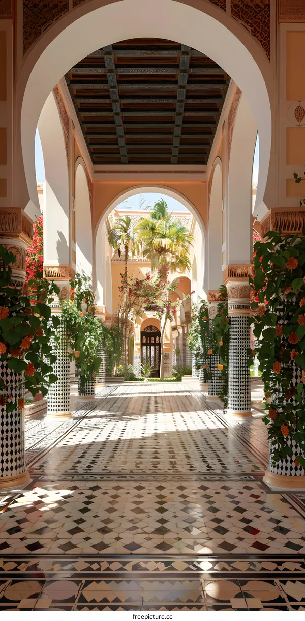 Arched Courtyard with Palm Trees and Ornate Columns