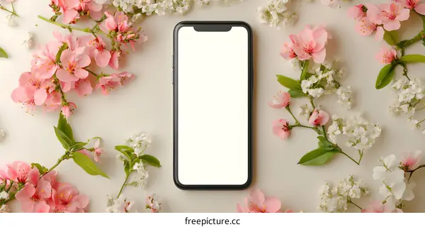 White and Pink Flowers Surrounding a Smartphone with a Blank Screen