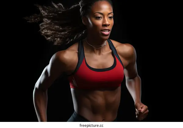 A muscular African-American female athlete with long black hair running in a black background