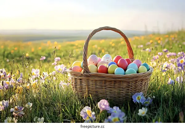 Easter Eggs in a Basket in a Field of Flowers