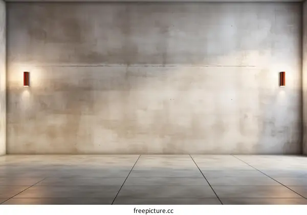 Grunge concrete room interior with tiled floor and wall lamps