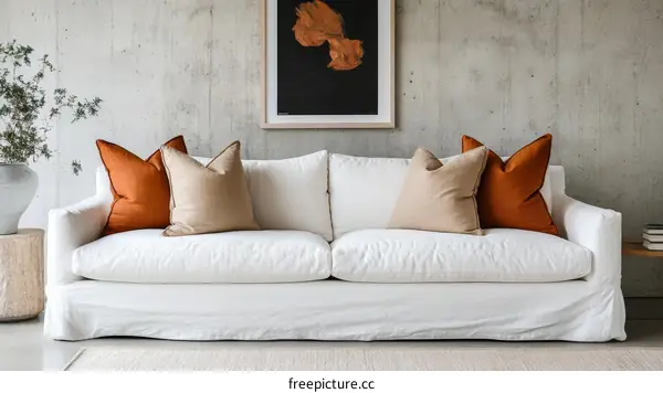 Modern White Linen Sofa with Decorative Cushions
