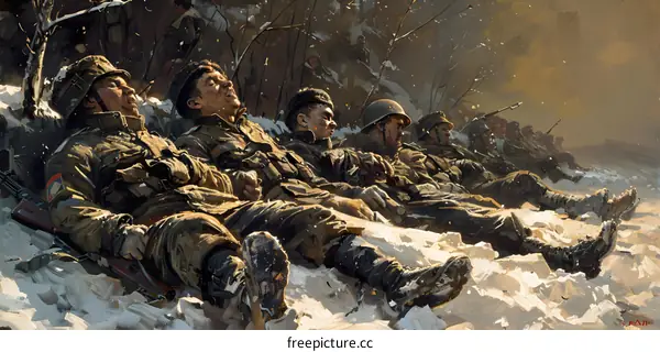 Exhausted American Soldiers Rest in the Snow During the Battle of the Bulge, 1944