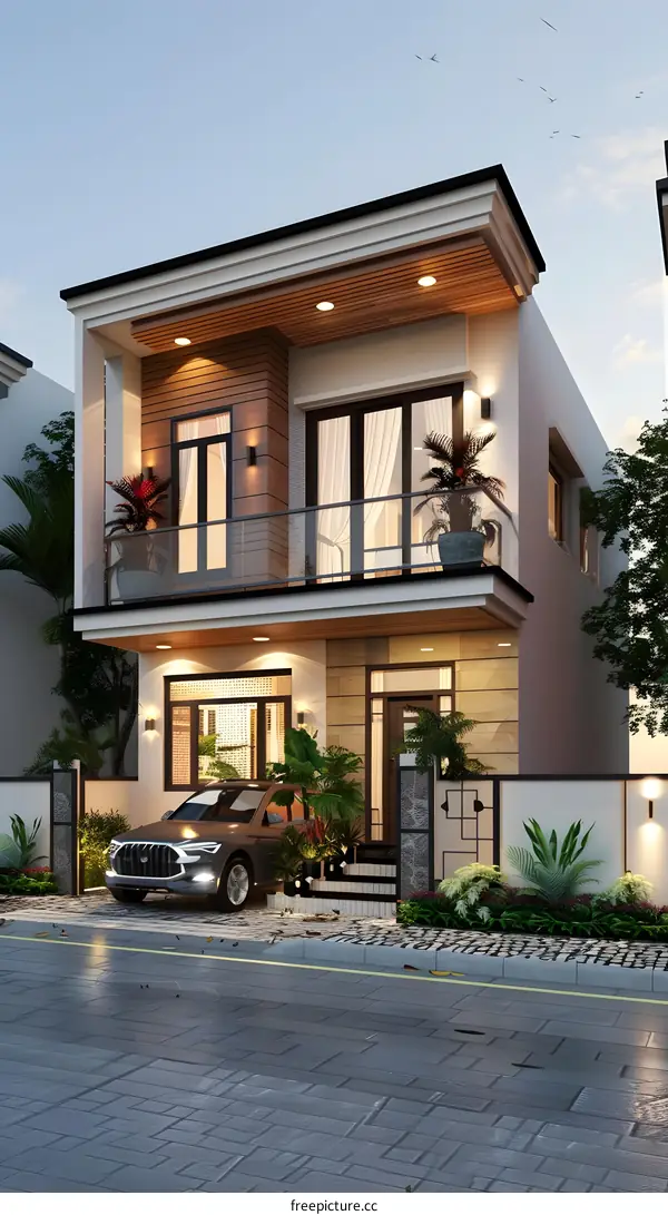 A modern two-story house with a garage and a balcony