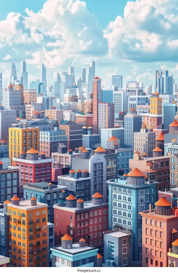 A Vibrant Cityscape with Towering Buildings and a Clear Blue Sky