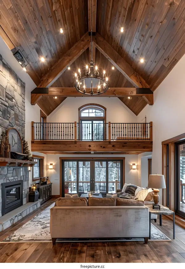 A cozy living room with a fireplace and a high ceiling