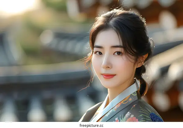 Beautiful Asian Woman in Traditional Korean Hanbok